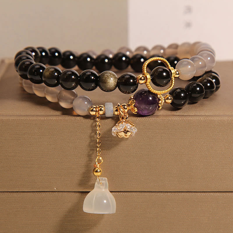 KarmaRipple's Gold Sheen Obsidian Gray Agate Lotus Talisman Strengthen Double Wrap Bracelet p9