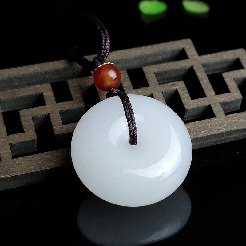 KarmaRipple's Round Hetian Ivory Jade Peace Buckle Blessing Pendant Necklace p6