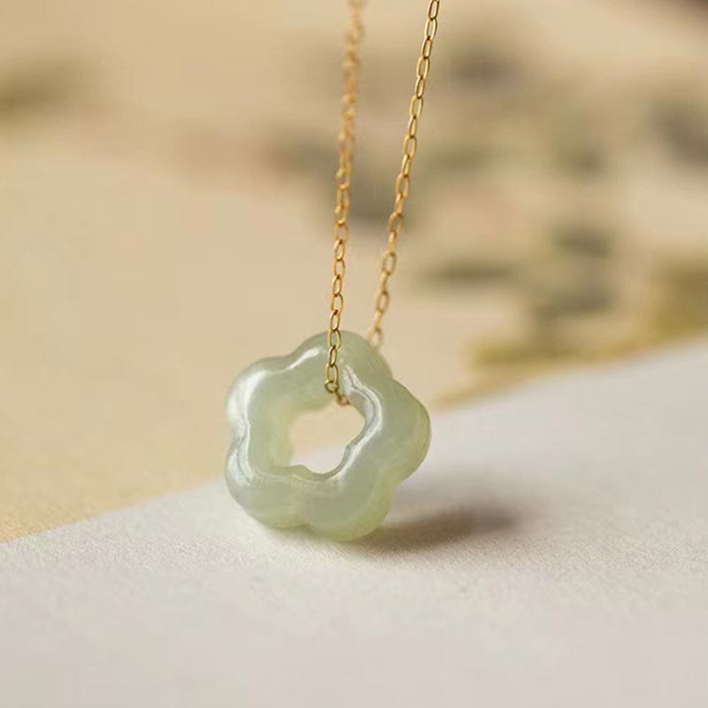 KarmaRipple's Dainty Hetian Jade Cyan Jade Fortune Floral Talisman Pendant Necklace p1