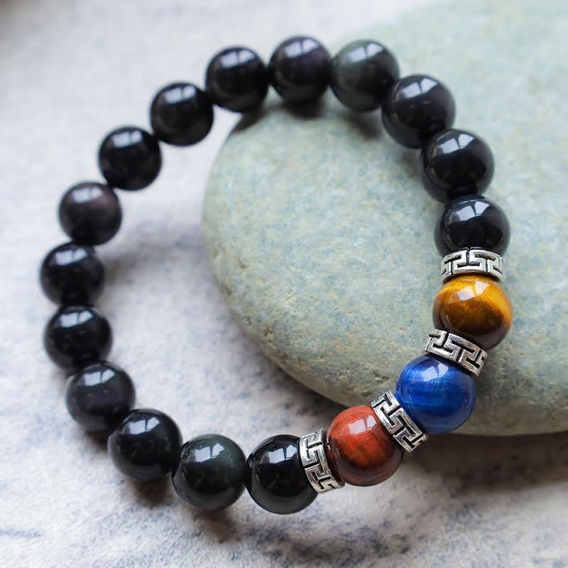 KarmaRipple's Authentic Black Obsidian Tricolor Tiger Eye Strength Bracelet p5