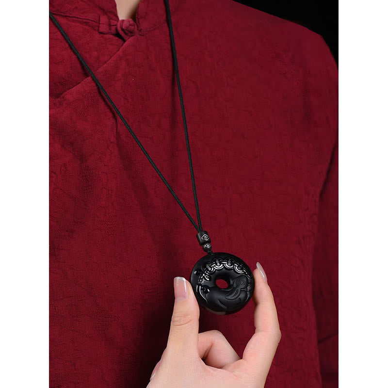 KarmaRipple's Chinese Zodiac Authentic Black Obsidian Peace Buckle Strength Pendant Necklace p22