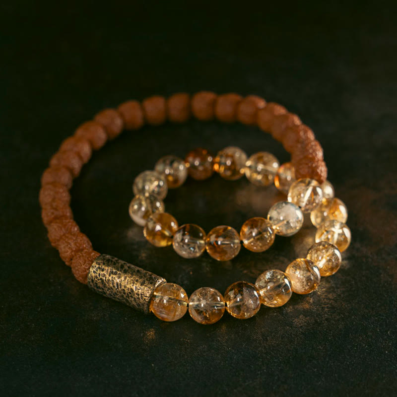 KarmaRipple's Authentic Citrine Gemstone Rudraksha Bodhi Seed Brass Bead Prosperity Double Wrap Bracelet p1
